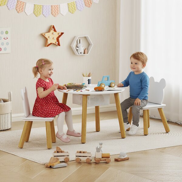AIYAPLAY Set con Tavolo e 2 Sedie per Bambini con Schienale a Orsetto, Tavolino con Vano Contenitore, Bianco | Aosom Italy