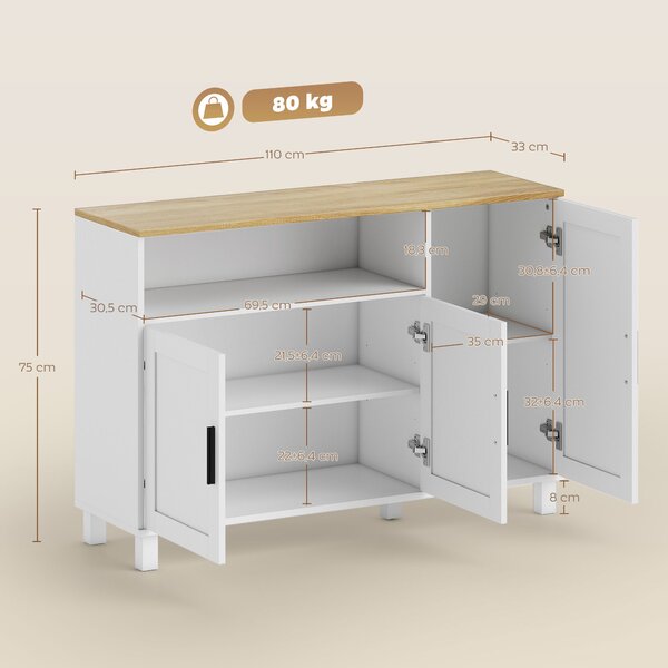 HOMCOM Credenza Cucina con Ante Ammortizzate, 2 Armadietti e Vano Aperto in Legno, 110x33x75 cm, Bianco | Aosom Italy