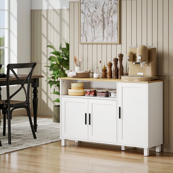 HOMCOM Credenza Cucina con Ante Ammortizzate, 2 Armadietti e Vano Aperto in Legno, 110x33x75 cm, Bianco | Aosom Italy