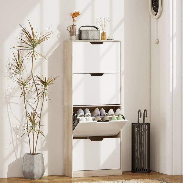 HOMCOM Scarpiera Salvaspazio Slim a 4 Cassetti per 20 Paia di Scarpe 62.5x26x156 cm, color Legno e Bianco | Aosom Italy