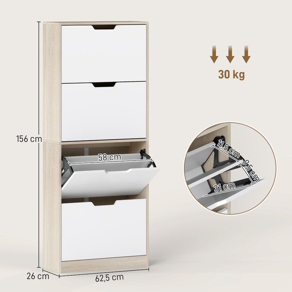 HOMCOM Scarpiera Salvaspazio Slim a 4 Cassetti per 20 Paia di Scarpe 62.5x26x156 cm, color Legno e Bianco | Aosom Italy