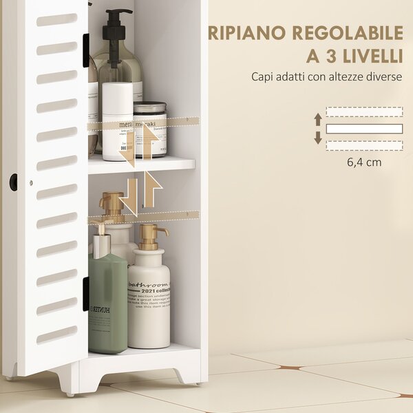 HOMCOM Mobile Bagno Slim con Porta a Lamelle, Mobiletto Bagno con Ripiani Regolabili, Vano Aperto, 22x20x75 cm, Bianco | Aosom Italy