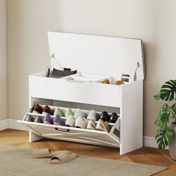 HOMCOM Panca Scarpiera con Cassetto Ribaltabile e Contenitore, Capacità 8 Paia di Scarpe, 80x30x55 cm, Bianco | Aosom Italy