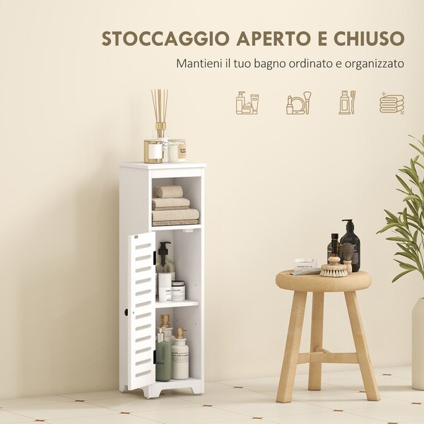 HOMCOM Mobile Bagno Slim con Porta a Lamelle, Mobiletto Bagno con Ripiani Regolabili, Vano Aperto, 22x20x75 cm, Bianco | Aosom Italy