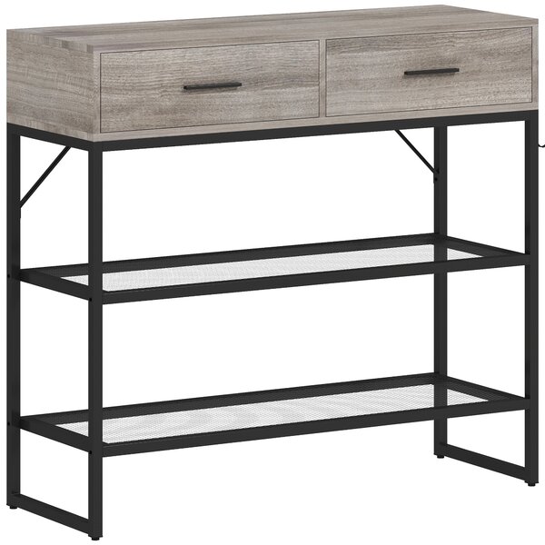 HOMCOM Consolle da Ingresso con 2 Cassetti, 2 Ripiani e Gancio Laterale, in Legno e Metallo, 100x35x92 cm, Nero e Legno | Aosom Italy