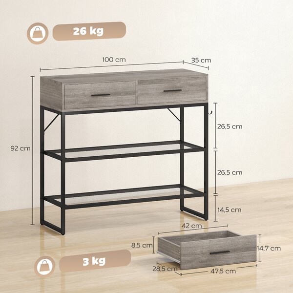 HOMCOM Consolle da Ingresso con 2 Cassetti, 2 Ripiani e Gancio Laterale, in Legno e Metallo, 100x35x92 cm, Nero e Legno | Aosom Italy