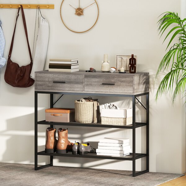 HOMCOM Consolle da Ingresso con 2 Cassetti, 2 Ripiani e Gancio Laterale, in Legno e Metallo, 100x35x92 cm, Nero e Legno | Aosom Italy