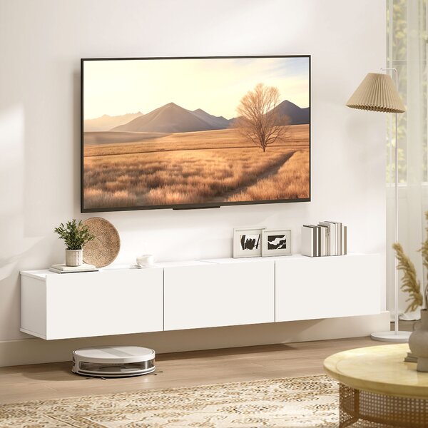 HOMCOM Mobile Porta TV fino a 82" Sospeso con 3 Armadietti a Ribalta e Ante Soft Close, Bianco Lucido | Aosom Italy