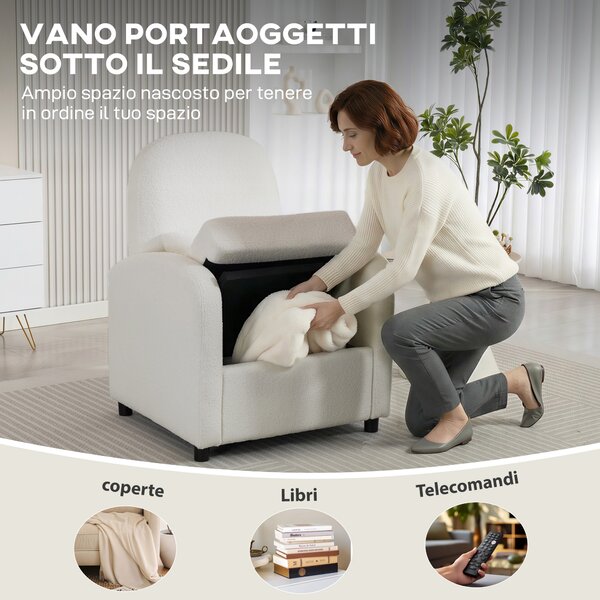 HOMCOM Poltrona Moderna con Spazio Contenitore a Scomparsa e Cuscino, Rivestimento in Pile Teddy, 76x77x95 cm, Crema | Aosom Italy
