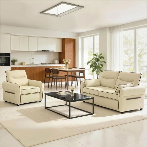 HOMCOM Divano 2 Posti in Finta Pelle con Imbottitura Spessa, Tasca Laterale e 2 Cuscini, 136x81x90 cm, Beige | Aosom Italy
