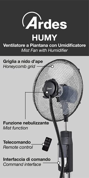 Ardes Ventilatore Nebulizzatore da Terra 40 cm 3 Velocit Oscillante Timer funzione Umidificatore Telecomando- AR5M39