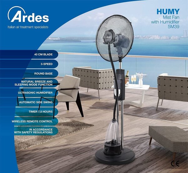 Ardes Ventilatore Nebulizzatore da Terra 40 cm 3 Velocit Oscillante Timer funzione Umidificatore Telecomando- AR5M39