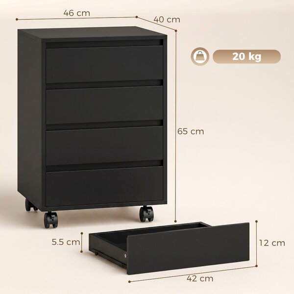 HOMCOM Cassettiera da Ufficio con Ruote e 4 Cassetti Scorrevoli, Effetto Legno, Nero | Aosom Italy