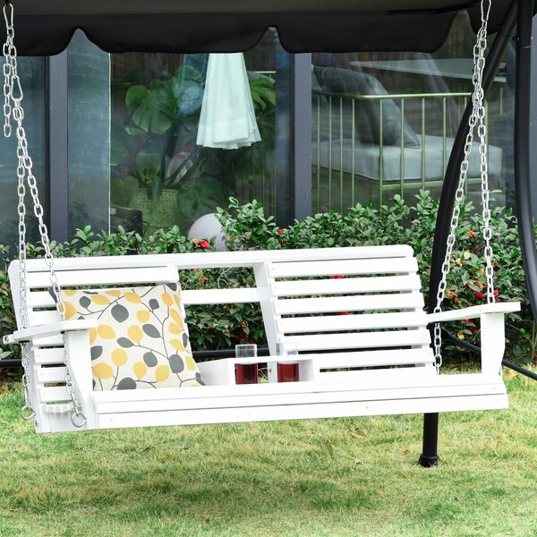 Outsunny Dondolo 3 Posti da Esterno con Tavolino Centrale e Portabicchieri, in Legno e Metallo, 150x75x53 cm, Bianco | Aosom Italy