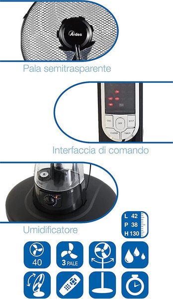 Ardes Ventilatore Nebulizzatore da Terra 40 cm 3 Velocit Oscillante Timer funzione Umidificatore Telecomando- AR5M39