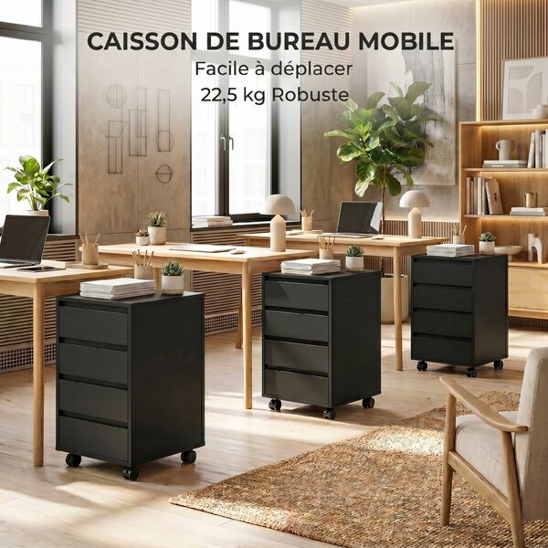 HOMCOM Cassettiera da Ufficio con Ruote e 4 Cassetti Scorrevoli, Effetto Legno, Nero | Aosom Italy