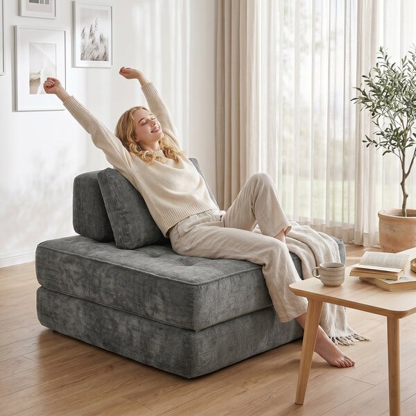HOMCOM 2-in-1 Poltrona da Pavimento, Divano Chenille Pieghevole con Cuscino di Supporto Spesso, 97x194x50 cm, Grigio | Aosom Italy