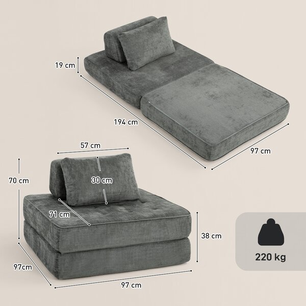 HOMCOM 2-in-1 Poltrona da Pavimento, Divano Chenille Pieghevole con Cuscino di Supporto Spesso, 97x194x50 cm, Grigio | Aosom Italy