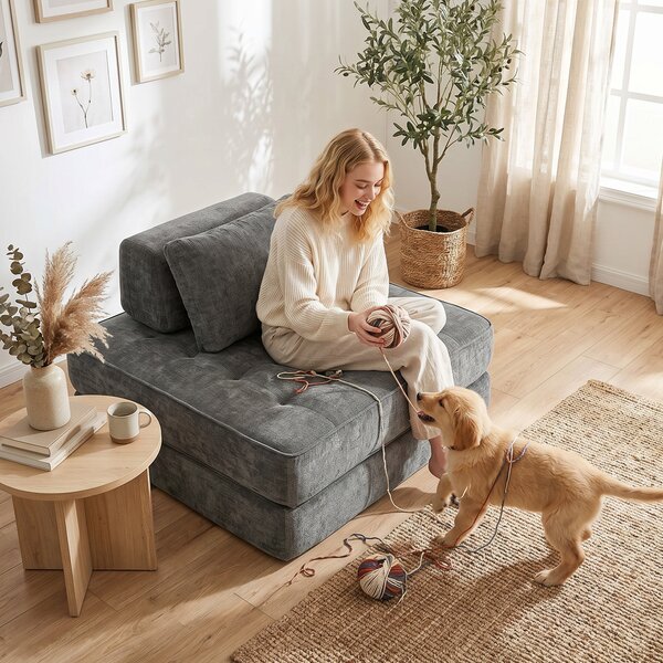 HOMCOM 2-in-1 Poltrona da Pavimento, Divano Chenille Pieghevole con Cuscino di Supporto Spesso, 97x194x50 cm, Grigio | Aosom Italy