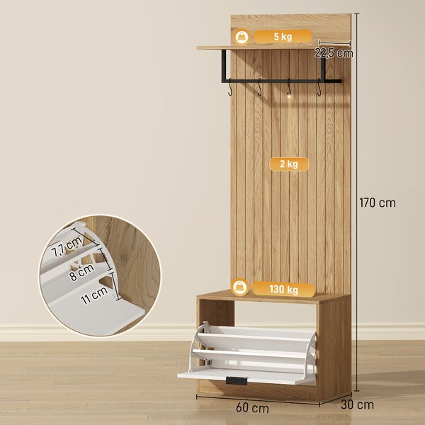 HOMCOM Mobile da Ingresso 5-in-1 con 4 Ganci a S mobili, Panca Scarpiera e Appendiabiti, 60x30x170 cm, Rovere e Bianco | Aosom Italy