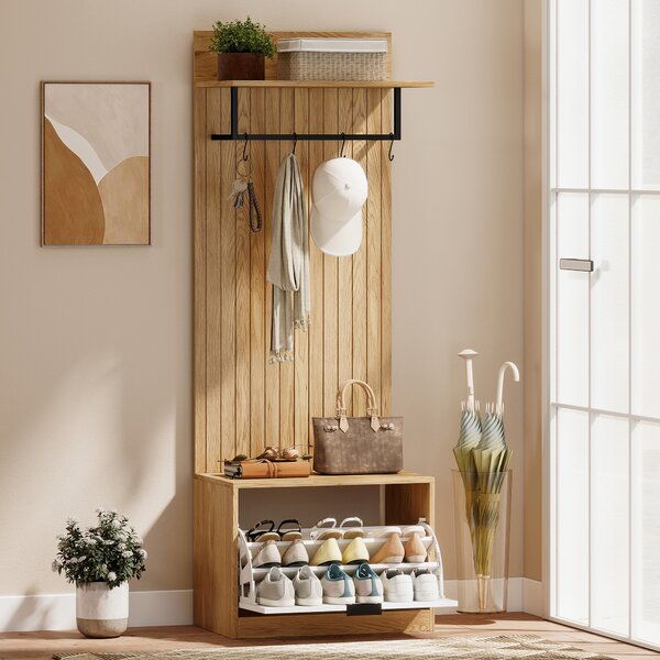HOMCOM Mobile da Ingresso 5-in-1 con 4 Ganci a S mobili, Panca Scarpiera e Appendiabiti, 60x30x170 cm, Rovere e Bianco | Aosom Italy