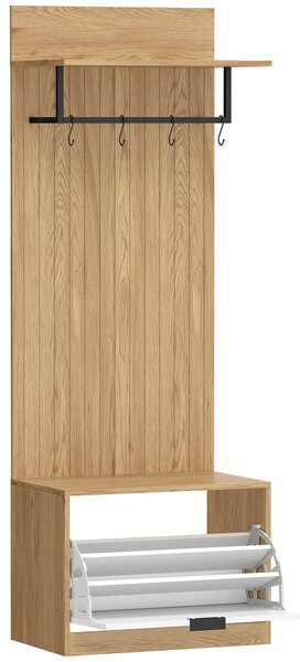 HOMCOM Mobile da Ingresso 5-in-1 con 4 Ganci a S mobili, Panca Scarpiera e Appendiabiti, 60x30x170 cm, Rovere e Bianco | Aosom Italy