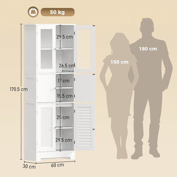 HOMCOM Mobile da Bagno Alto con 6 Ante e Ripiano Regolabile, Bianco | Aosom Italy