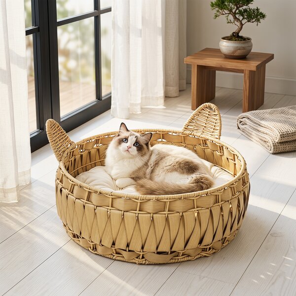 PawHut Letto per Gatti in Rattan con Cuscino Rimovibile, Cuccia per Gatti fino a 10kg, 50x50x25 cm, Marrone Chiaro | Aosom Italy