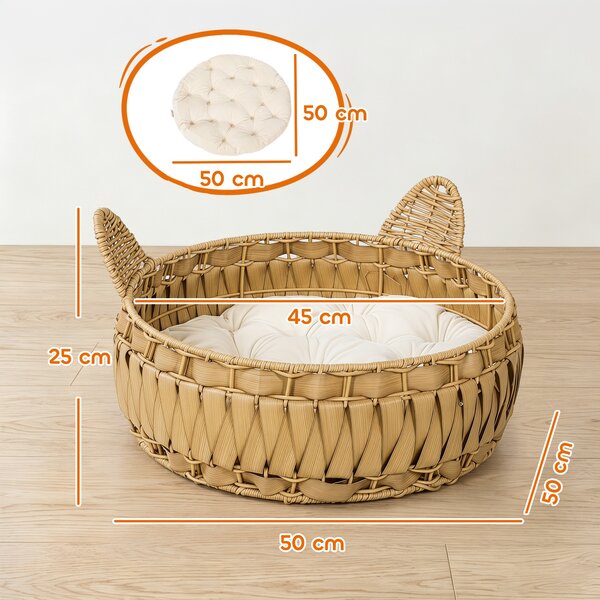 PawHut Letto per Gatti in Rattan con Cuscino Rimovibile, Cuccia per Gatti fino a 10kg, 50x50x25 cm, Marrone Chiaro | Aosom Italy