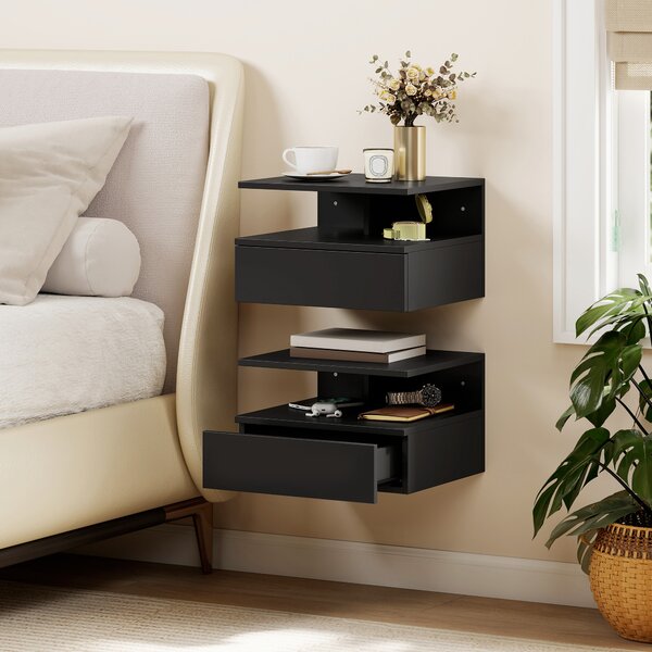 HOMCOM Set di 2 Comodini Sospesi con Cassetto e Mensola Aperta, 35x32x22.5 cm, Nero | Aosom Italy
