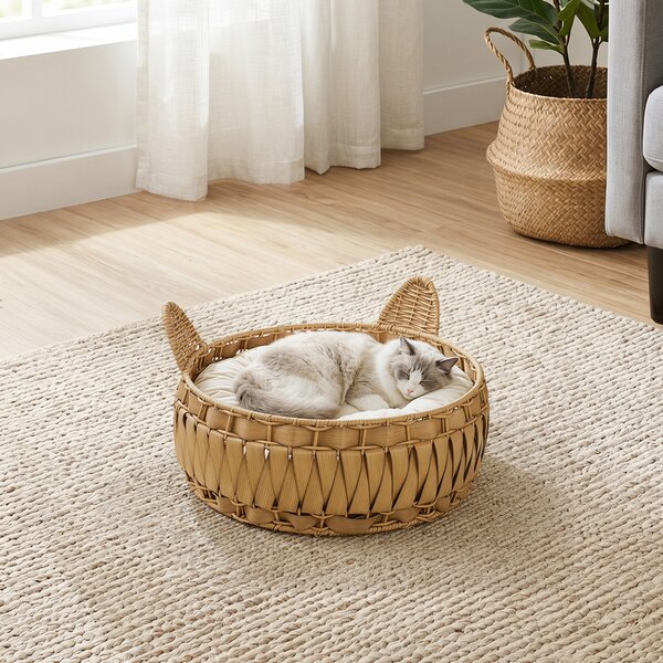 PawHut Letto per Gatti in Rattan con Cuscino Rimovibile, Cuccia per Gatti fino a 10kg, 50x50x25 cm, Marrone Chiaro | Aosom Italy