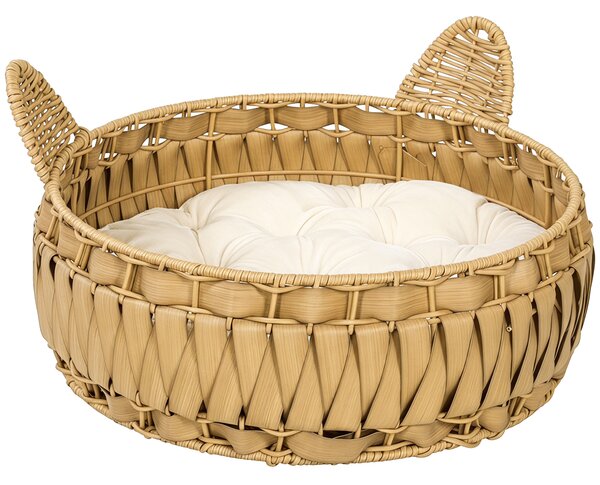 PawHut Letto per Gatti in Rattan con Cuscino Rimovibile, Cuccia per Gatti fino a 10kg, 50x50x25 cm, Marrone Chiaro | Aosom Italy