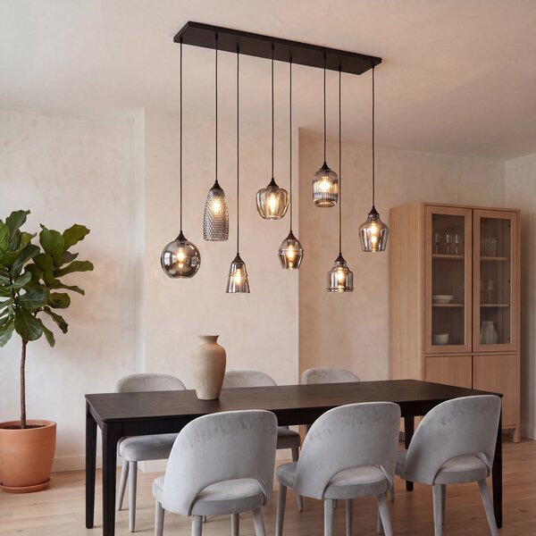 Lampada a sospensione Art Déco nera con vetro fumé 8 luci - Hanne