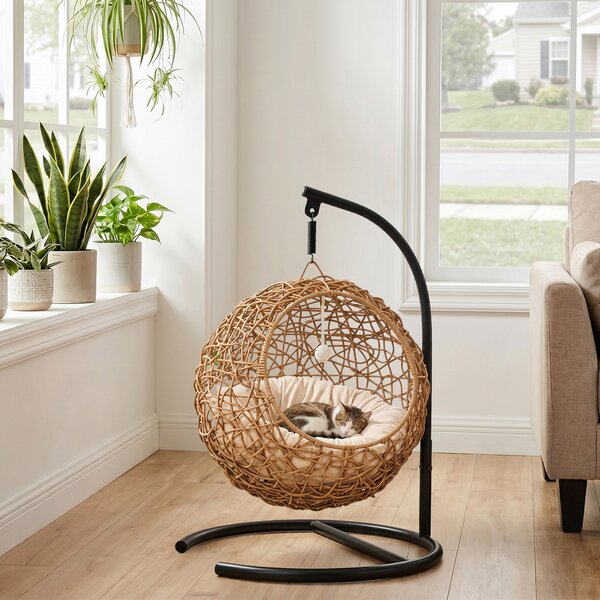 PawHut Letto per Gatti Intrecciato, Casa per Gatti in Rattan Rialzata con Cuscino Lavabile e Pallina da Gioco, Marrone | Aosom Italy