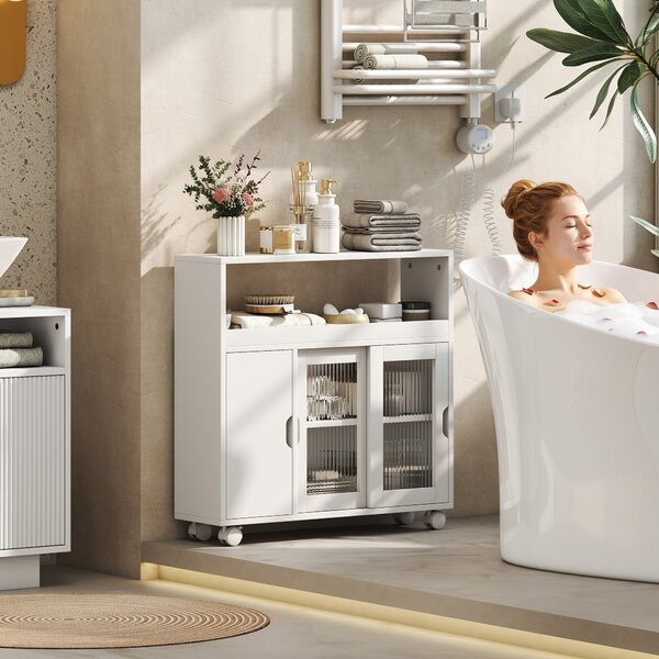 HOMCOM Mobile Bagno con Ruote, Ripiano Regolabile, Porta Scorrevole in Vetro Temperato, Bianco | Aosom Italy