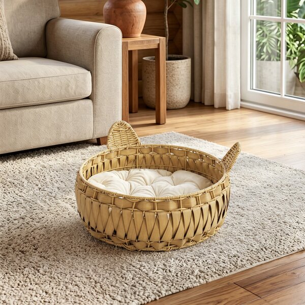 PawHut Letto per Gatti in Rattan con Cuscino Rimovibile, Cuccia per Gatti fino a 10kg, 50x50x25 cm, Marrone Chiaro | Aosom Italy