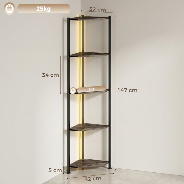 HOMCOM Libreria Angolare a 5 Ripiani con Illuminazione LED per Soggiorno, Camera da Letto, Ufficio, Rustico Marrone | Aosom Italy