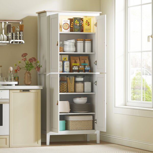 HOMCOM Credenza Cucina Alta 177 cm, Mobile Cucina con Luce LED, Dimmerabile a 3 Colori, Ripiani Regolabili, Bianco | Aosom Italy