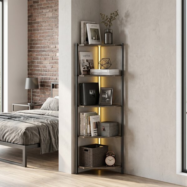 HOMCOM Libreria Angolare a 5 Ripiani con Illuminazione LED per Soggiorno, Camera da Letto, Ufficio, Rustico Marrone | Aosom Italy