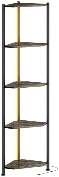 HOMCOM Libreria Angolare a 5 Ripiani con Illuminazione LED per Soggiorno, Camera da Letto, Ufficio, Rustico Marrone | Aosom Italy