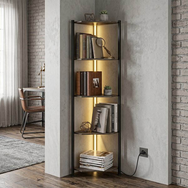 HOMCOM Libreria Angolare a 5 Ripiani con Illuminazione LED per Soggiorno, Camera da Letto, Ufficio, Rustico Marrone | Aosom Italy