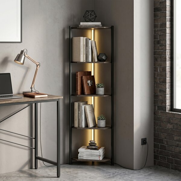 HOMCOM Libreria Angolare a 5 Ripiani con Illuminazione LED per Soggiorno, Camera da Letto, Ufficio, Rustico Marrone | Aosom Italy