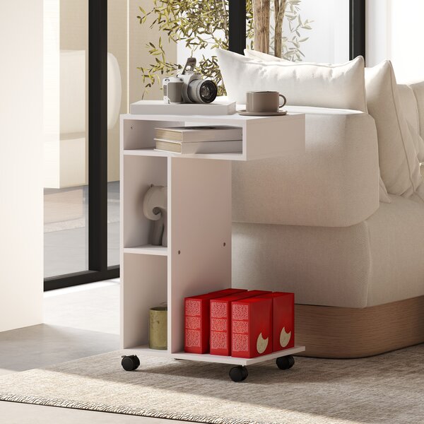 HOMCOM Tavolino da Soggiorno con Rotelle e Mensola Aperta, a Forma di C in Legno, 40x30x69 cm, Bianco | Aosom Italy