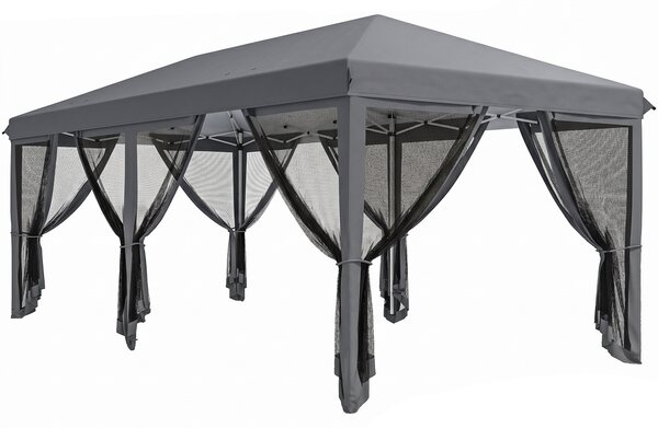 Outsunny Gazebo da Giardino Pieghevole 6x3 m con 6 Zanzariere e Pulsante, in Acciaio e Poliestere, Grigio