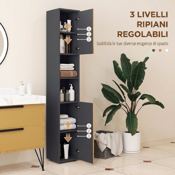 Kleankin Colonna Bagno in Truciolato con 2 Ripiani Aperti e 2 Armadietti a 2 Livelli, 30x30x183 cm, Rovere | Aosom Italy