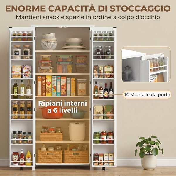 HOMCOM Mobile Cucina Moderno: Ruote, 2 Ante, 14 Scomparti, Colore Bianco. | Aosom Italy