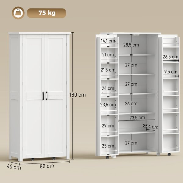 HOMCOM Mobile Cucina Moderno: Ruote, 2 Ante, 14 Scomparti, Colore Bianco. | Aosom Italy