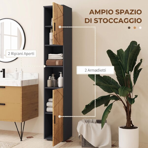 Kleankin Colonna Bagno in Truciolato con 2 Ripiani Aperti e 2 Armadietti a 2 Livelli, 30x30x183 cm, Rovere | Aosom Italy