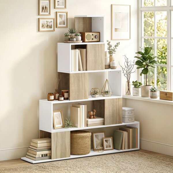HOMCOM Libreria a 5 Ripiani con Design a Gradini Bianco e Naturale | Aosom Italy