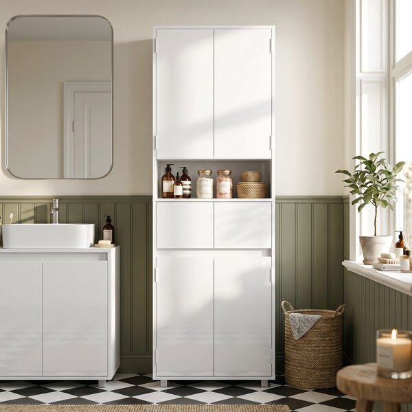 HOMCOM Mobile Alto da Bagno Slim Bianco Lucido con Cassetti e Ripiani | Aosom Italy